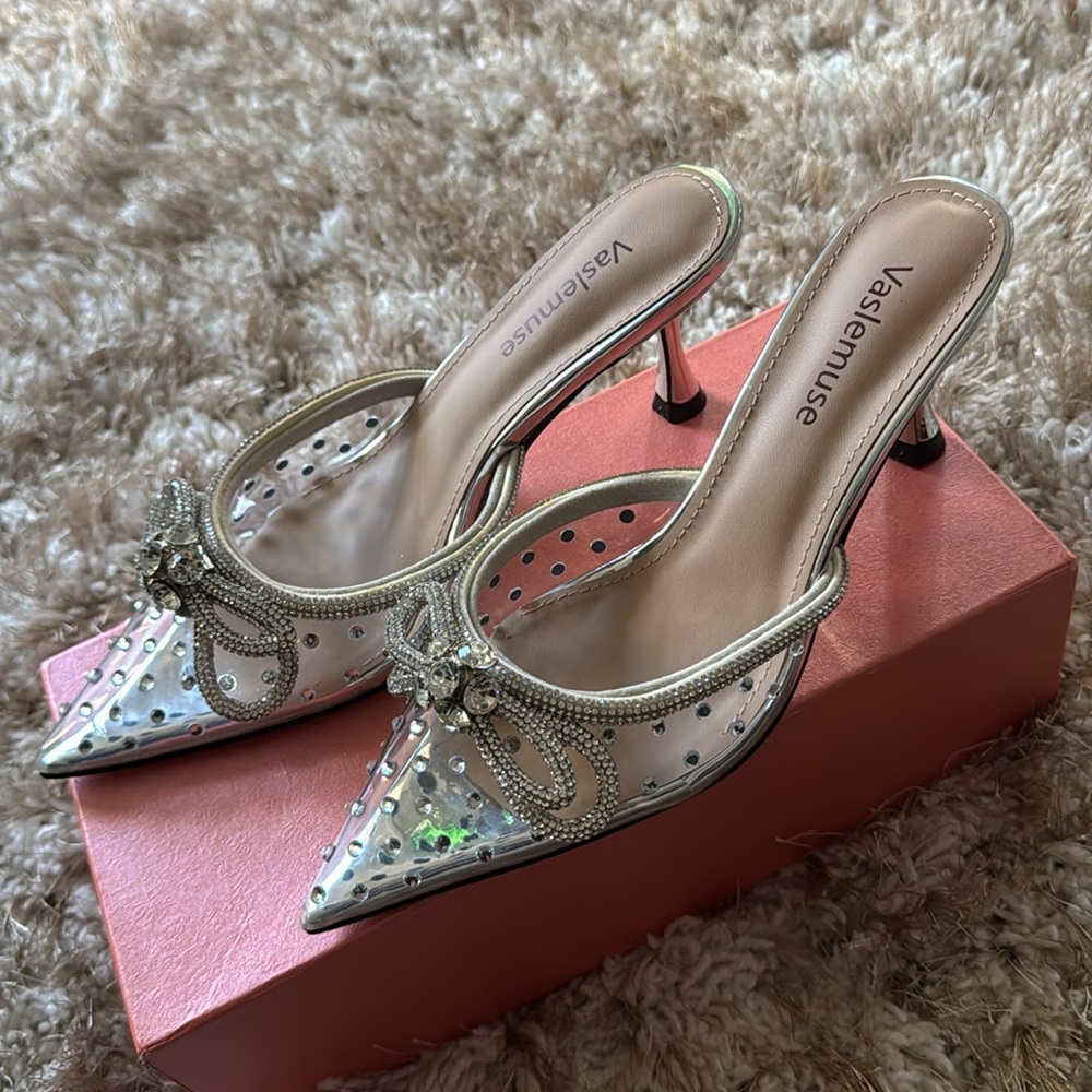 Ladies Girl Stiletto High Heeled Pumps Sandals, Crystal Rhinestone Clear